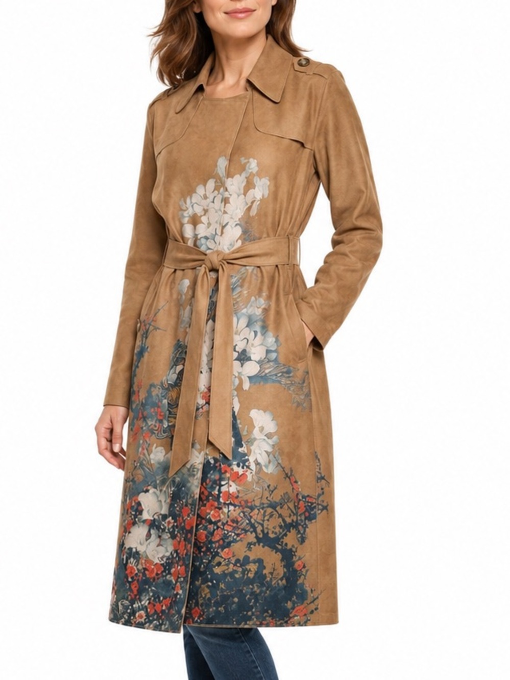 Chico’s Floral Faux Suede Belted Trench Coat Brown Size 3 XL 16/18 New